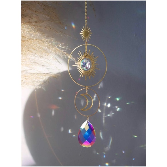 Boho Sun Moon Gold Tone Crystal Ceiling Wall Wall Decor - Picture 2 of 6